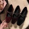 Square head shallow mouth high heels one-word diamond strap low heel suede Mary Jane single shoes women