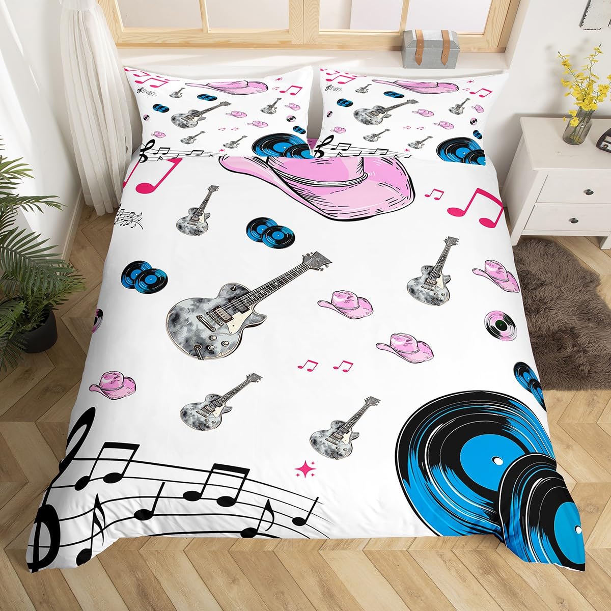 

Music Guitar Duvet Cover King Queen Black White and Grey Graffiti Bedding Set Musical Notes Comforter Cover Musical Quilt Cover EU Single(135x200cm)