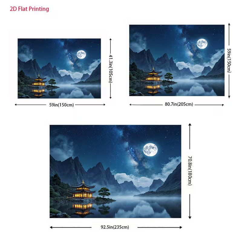 2D Asian Mountain Night Backdrop, Starry Sky and Misty Water