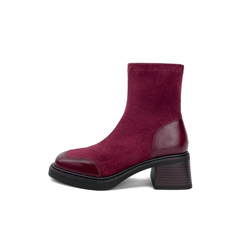 Fashion Suede Short Boots for Women Winter Thick Heel Square Toe Slimming and Elastic Boots New Red Xiuhe Wedding Shoes High Heels Women