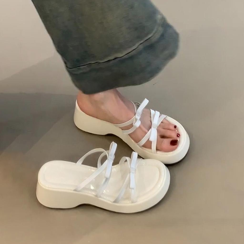 Small thick-soled heightened one-word slippers, women's gentle and sweet bow open-toed wearing cool slippers