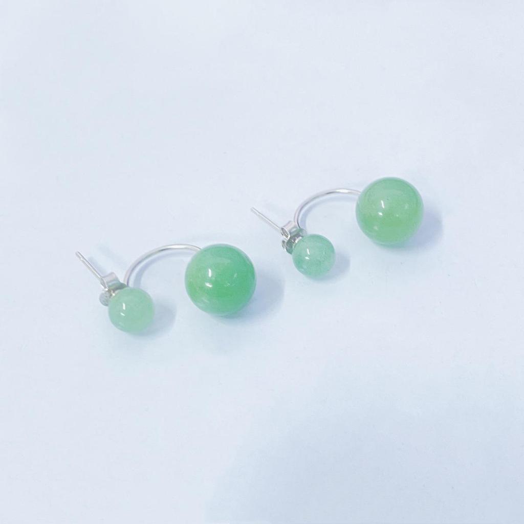 New S925 Sterling Silver Green Aventurine Double Round Bead Stud Earrings - Retro Chinese Style for Women
