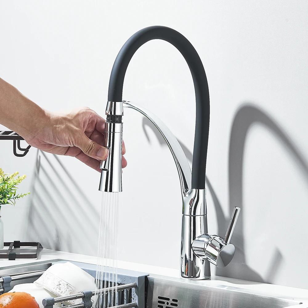 Chrome Rubber Kitchen Faucet Mixer Tap Rotation Pull Down Stream Sprayer Taps Hot Cold Water Tap One Handle Kitchen Tap