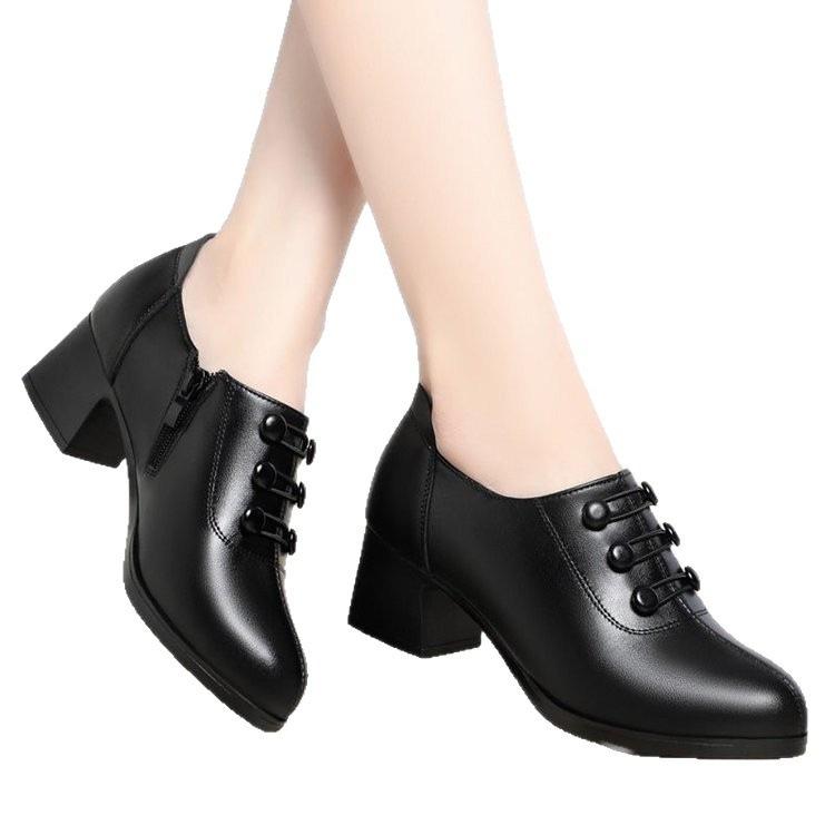 Shoes medium thick heel autumn comfortable high heels soft leather soft sole black leather shoes