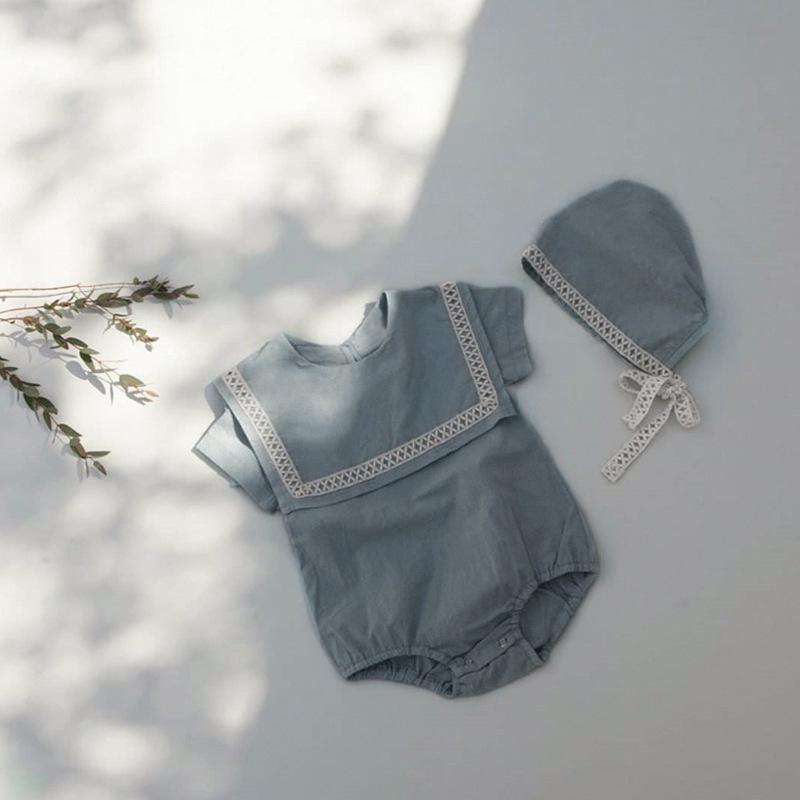 

Летний хлопковый ромпер с кружевом и большим воротником для малыша и шапочка 90 cm