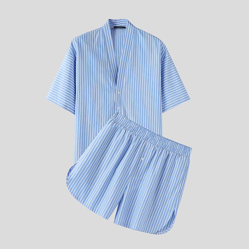 

INCERUN Two Pieces Men V Neck Striped Short Sleeve Shirts Short Pants Casual Beach Sets S синий