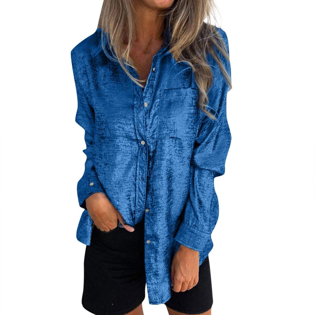 Women's Fashionable Color Long Sleeved Casual Velvet Collar Shirt Top