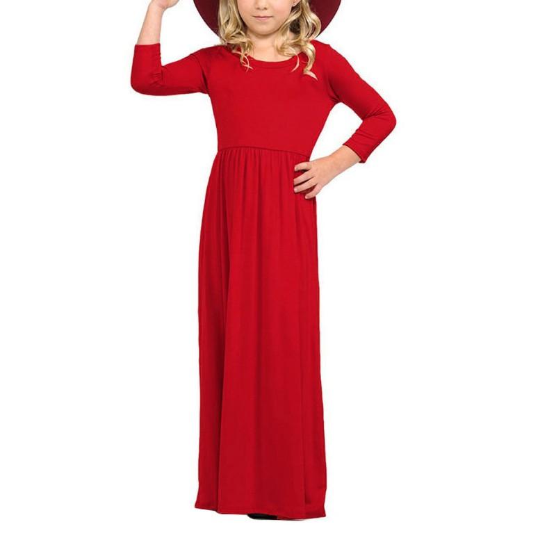 Girls Solid Color Round Neck Long Sleeved Dresses Large Hem Child Long Section Long Dress