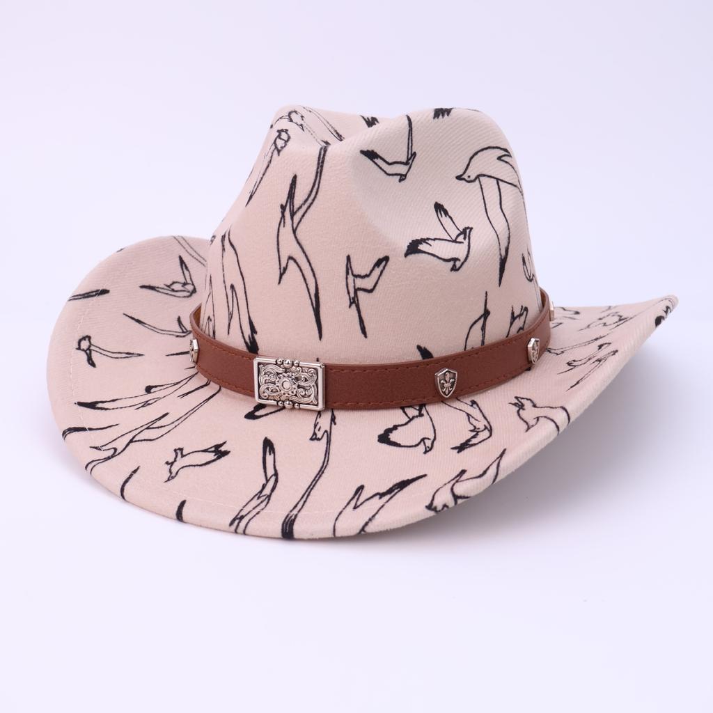 Western cowboy hat autumn and winter digital printed woolen top hat European and American fashion big-brimmed jazz hat