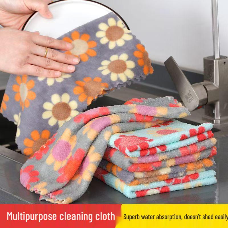 Sunflower Coral Fleece Soft Absorbent Dishcloth and Hand Towel Set