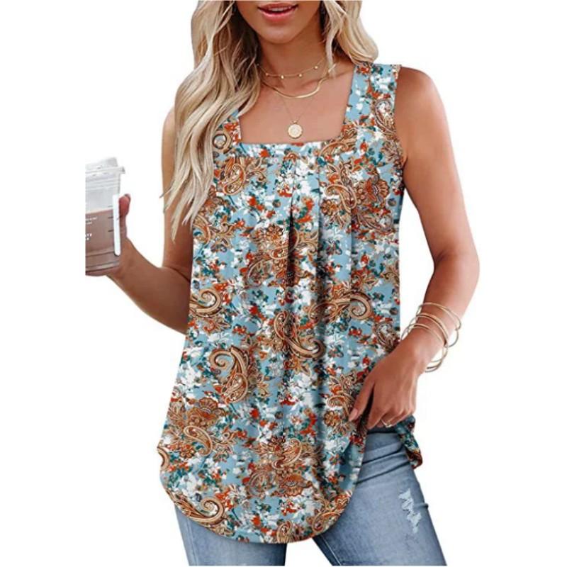 Women's Summer Sleeveless Square Neck Printed T-Shirt Temperament Comfortable Loose Tank Top
