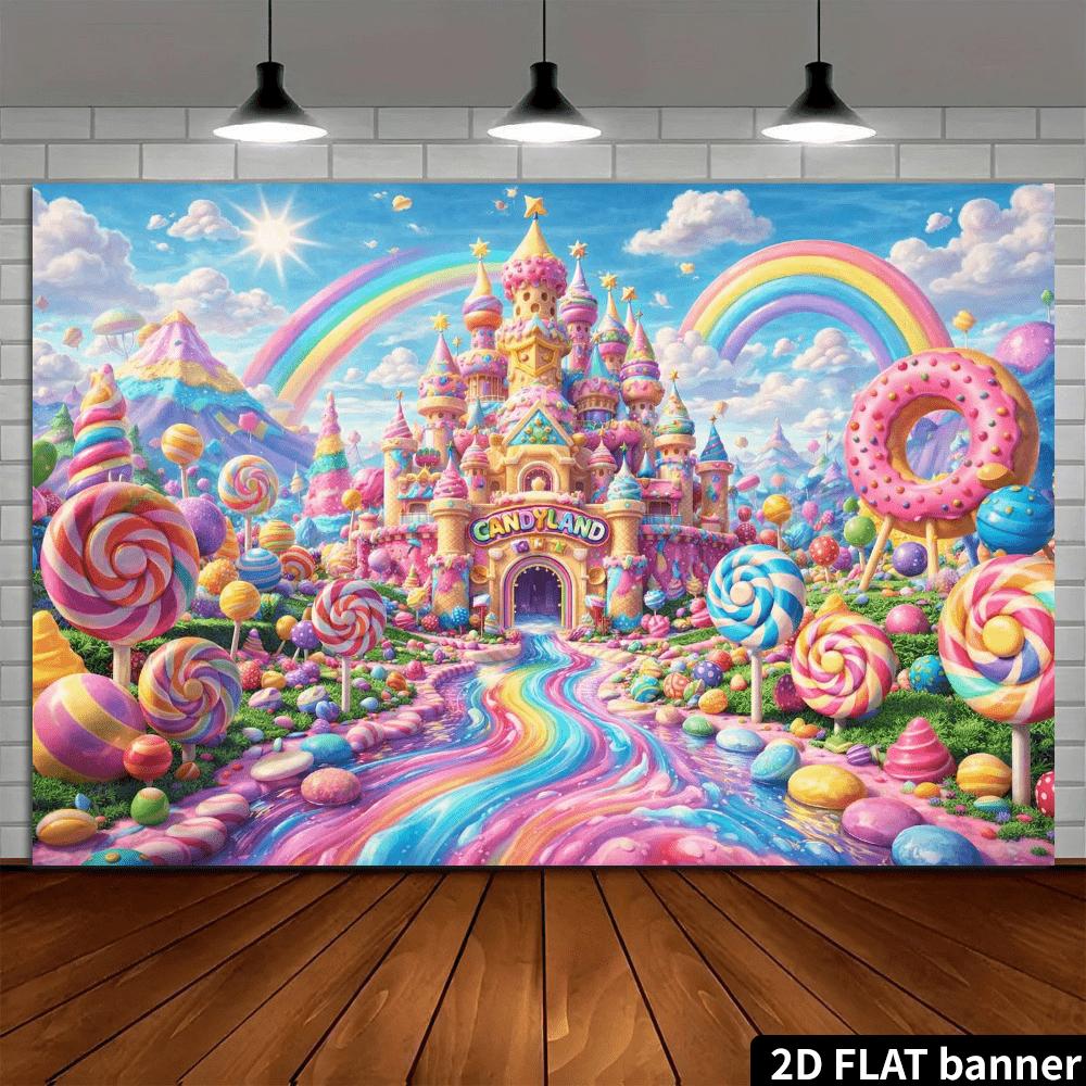 2D Plane Candy Castle Background Fabric - Double Rainbow Doughnut Theme - Wall Decoration - Multi-functional Celebration Items