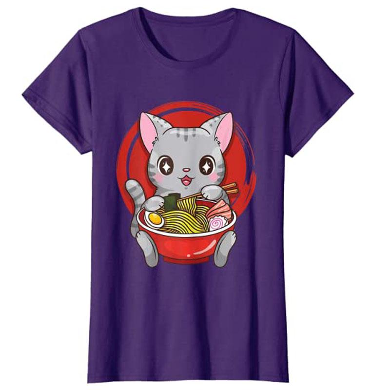 Official Teenager RaUnisex Cat Anime Kawaii Neko Japanese Girls TShirt Harajuku Clothes Y2k Kitten Eating Noodles Novelty Cute Tee