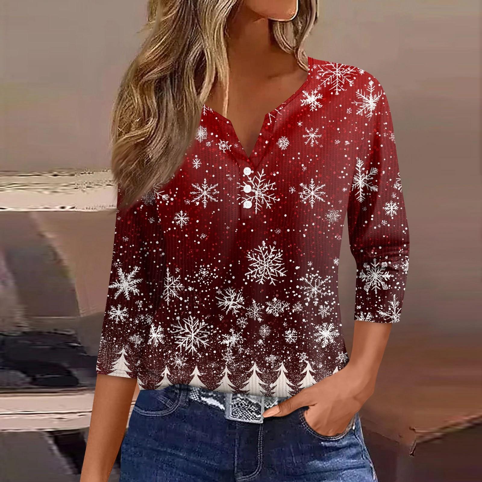 

Женская футболка с рождественским принтом, пуговицами, рукавом 3/4, вязаный свитер, повседневный, модный, с V-образным вырезом, обычный топ S белый