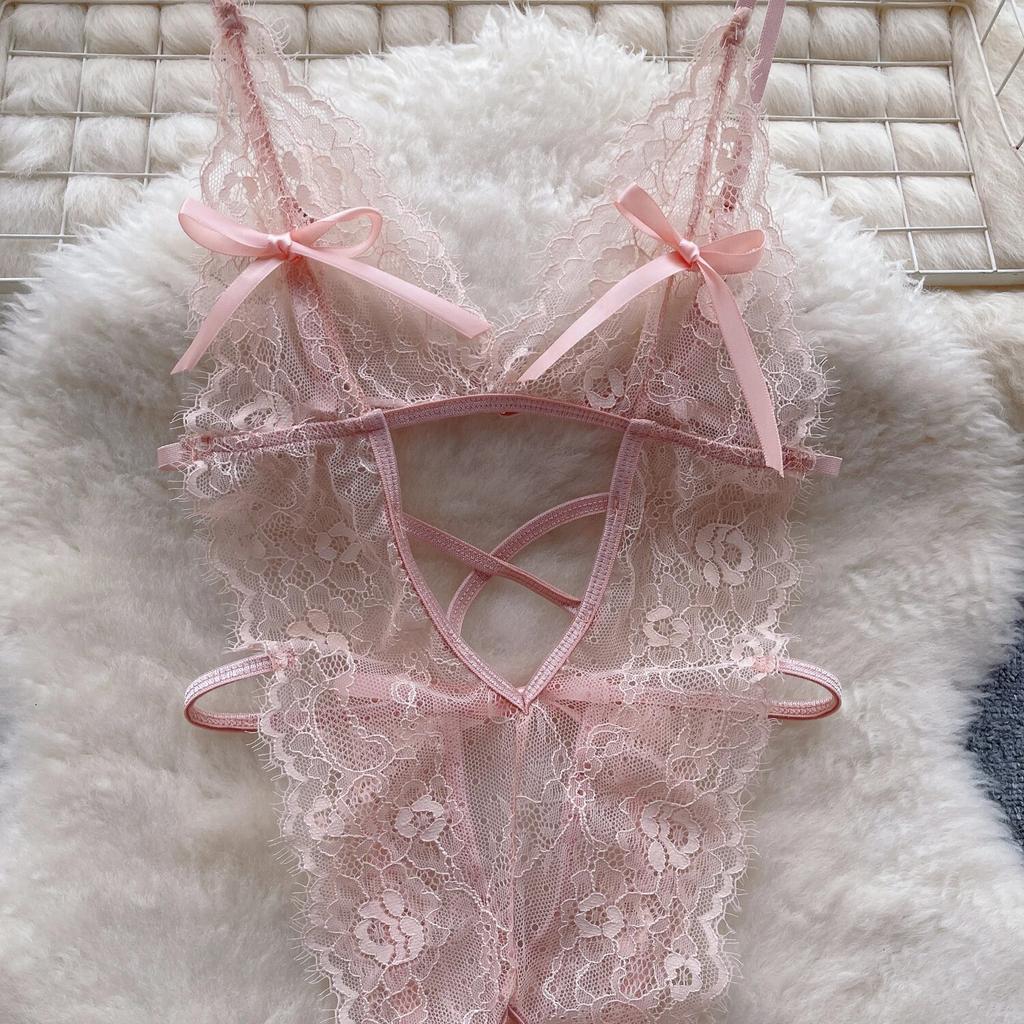 Mesh Sexy Lace Camis Nightwear Rompers Women Solid Hollow Out Open Crotch Lingerie Playsuits Female Backless Sheer Sensual Slim Bodysuits 2024