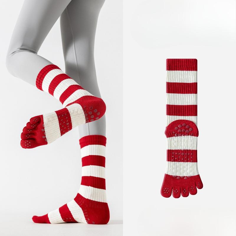 Five-finger Yoga Socks with Anti-slip Properties for Pilates Training Exercises. Red Striped Long Ankle Socks with Split Toes.