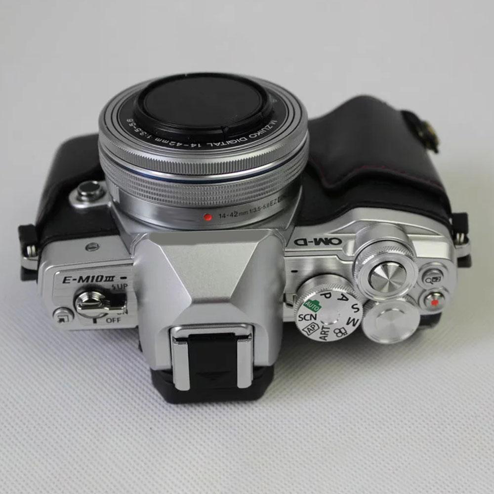 For Olympus OM-D E-M10 Mark III Camera Case PU Leather Half Cover with Battery Opening Bottom