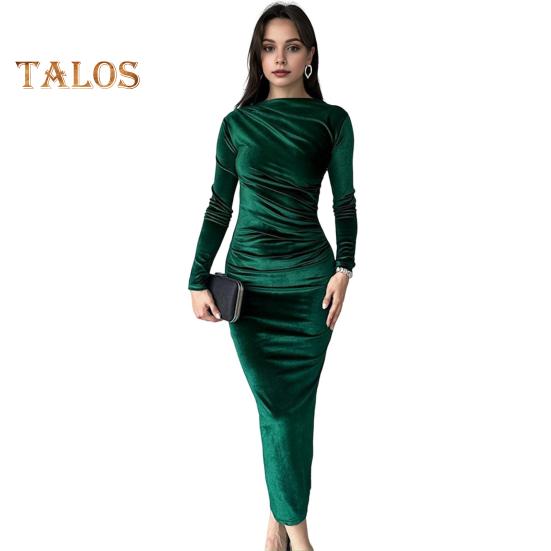 Lady Evening Dress Slim Fit Pleated Bateau Neck Long Sleeve Pure Color Midi Dress Sheath Calf Length Prom Cocktail Party Dress