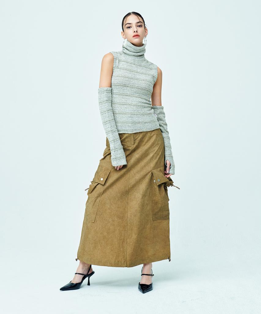 Attention Row For Woman Signature Logo Snap String Cargo Long Skirt (Brown)