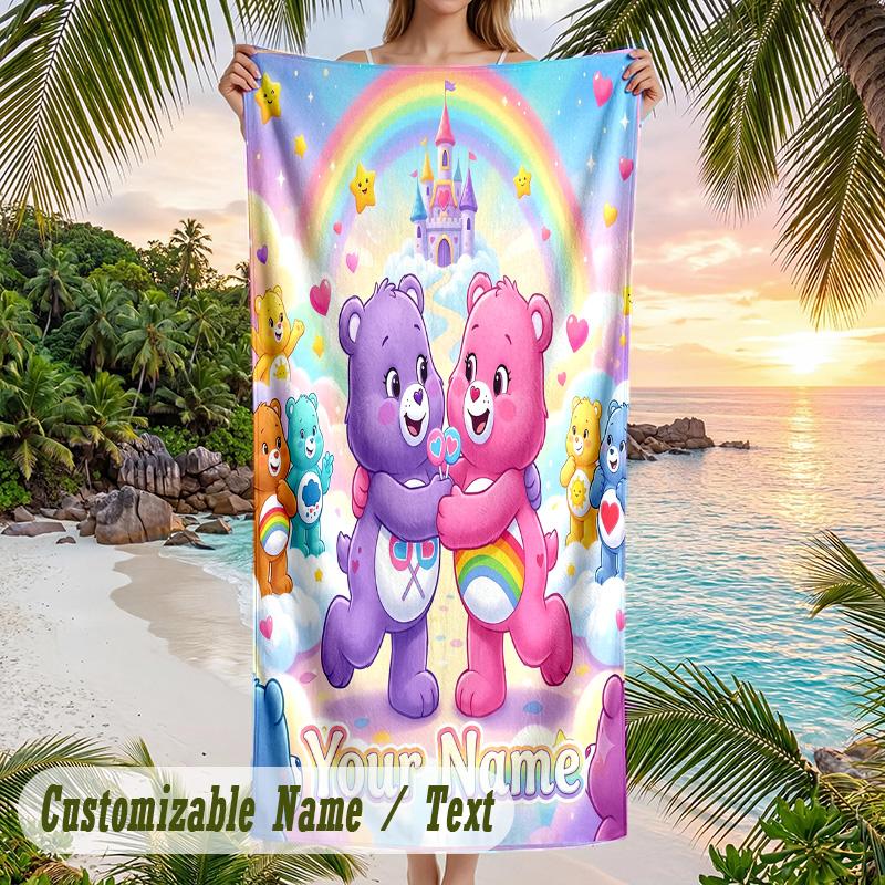 Care Bears Strandtuch, Personalisierter Custom-Text, Schnelltrocknendes Weiches Großes Handtuch für Schwimmbad Reisen