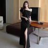 Premium evening dress sexy one-word shoulder cover belly thin dress temperament niche banquet long skirt