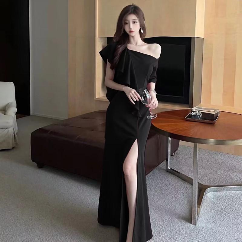 Premium evening dress sexy one-word shoulder cover belly thin dress temperament niche banquet long skirt