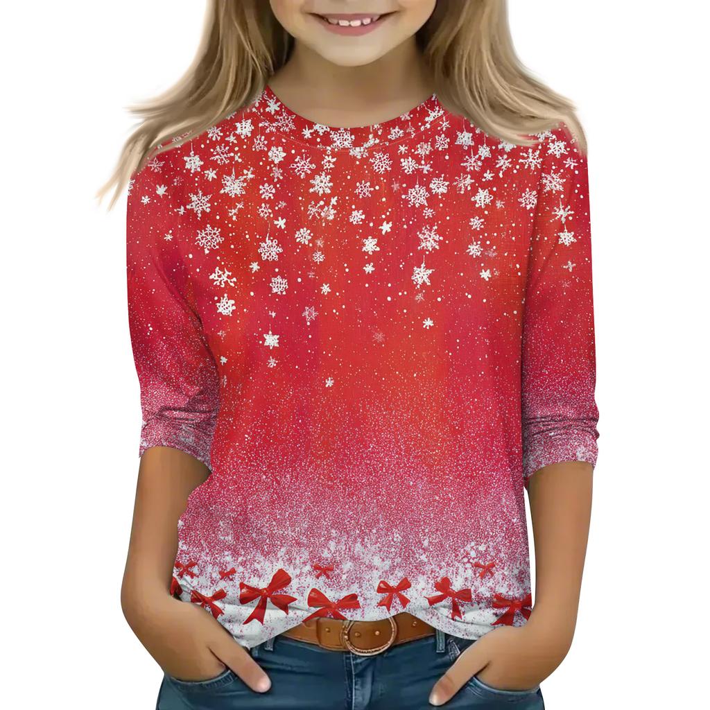 Christmas Day Print Tops For Youth Girls 4-11 Years Round Neck 3/4 Sleeves T-Shirts Trendy Tops Outfit Tees
