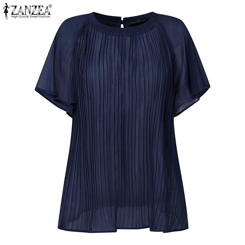 ZANZEA Women Casual Round Neck Solid Color Summer Short Sleeve Blouse