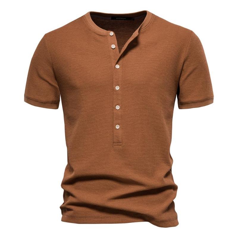 Cotton Solid Color Men's T-shirt Casual Short Sleeve Waffle Henley T-Shirt for Men New Summer Designer Tops Tee Male