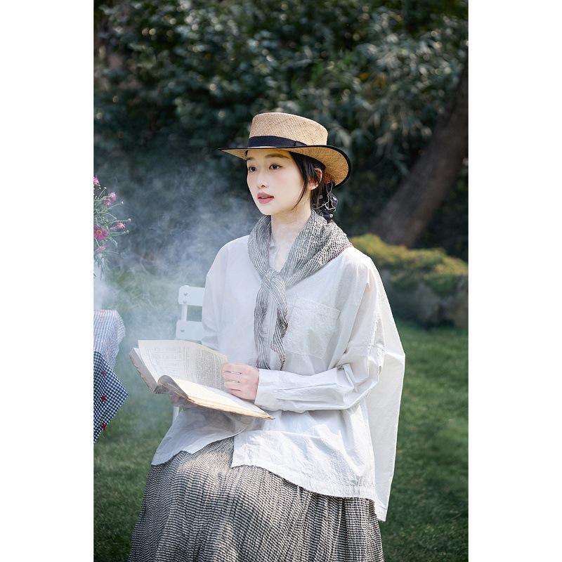 

Autumn Artistic Retro Cotton Shirt with Pale Drop Shoulder Sleeves - Loose, Casual, Slimming Lapel Boyfriend Fit Medium