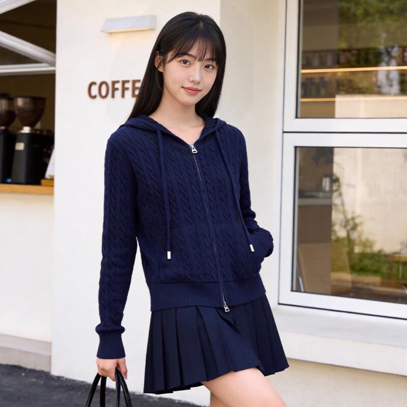 SPAO Women's Korean Style Cable Knit Zip-Up Hooded Cardigan