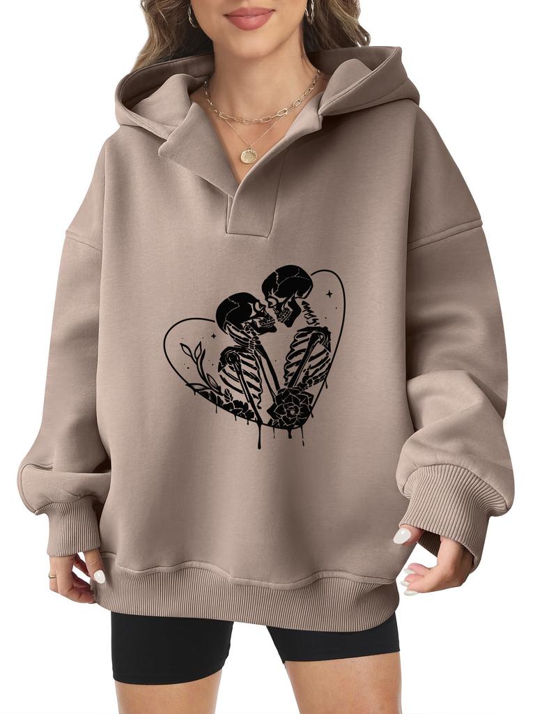 2025 new European and American Halloween women's hooded sweater front and rear pattern winter fleece loose casual
