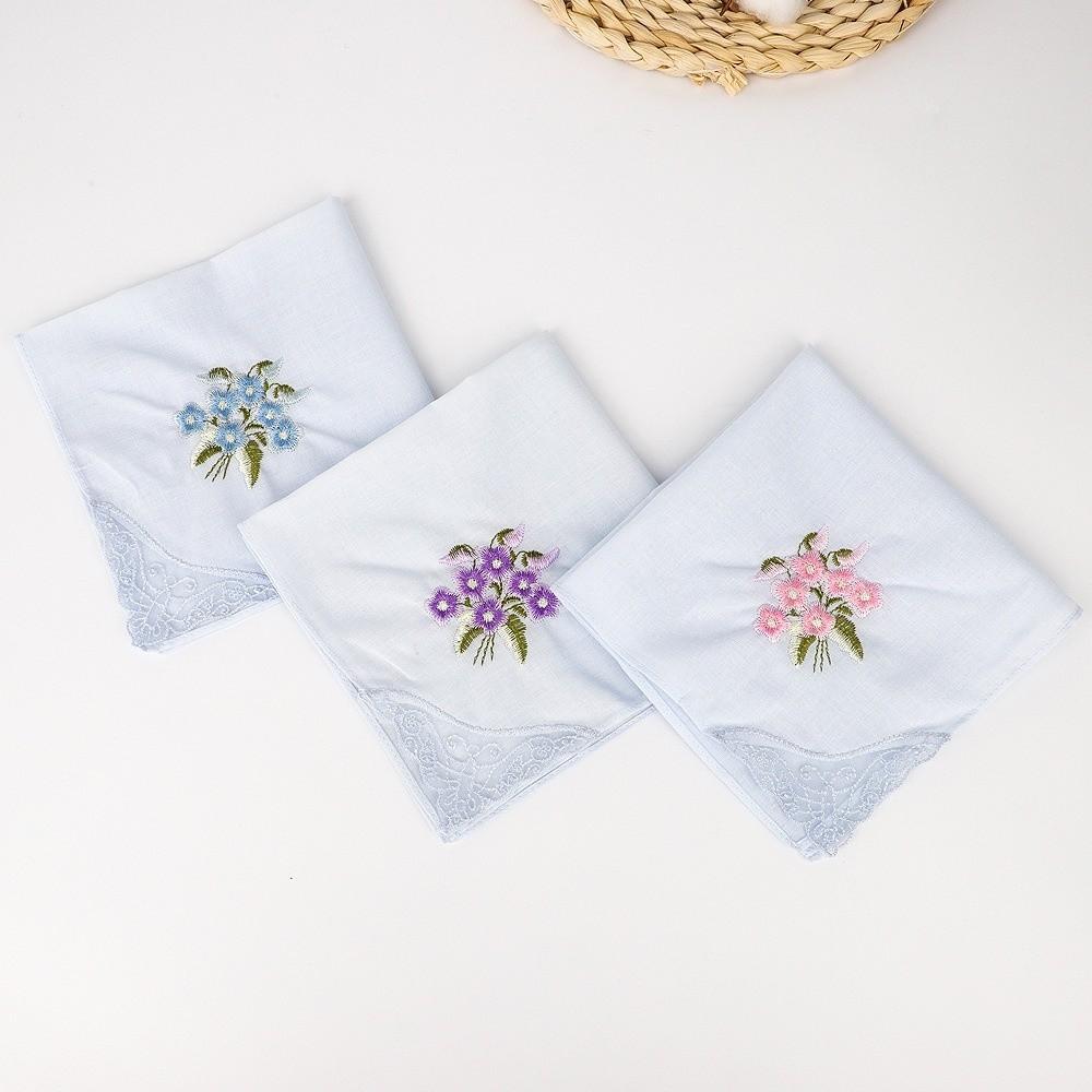 Elegant Cotton Square Handkerchief Reusable Soft Lace Flower Hanky Hankies Fabrics For Women