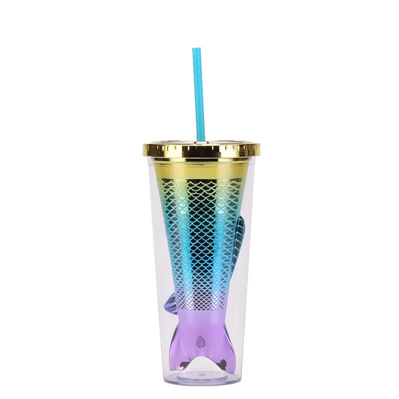 Double Layer Plastic Cup Creative Gradual Change Mermaid Tail Straw Cup Appearance Electroplating Color Sequined Water Cup