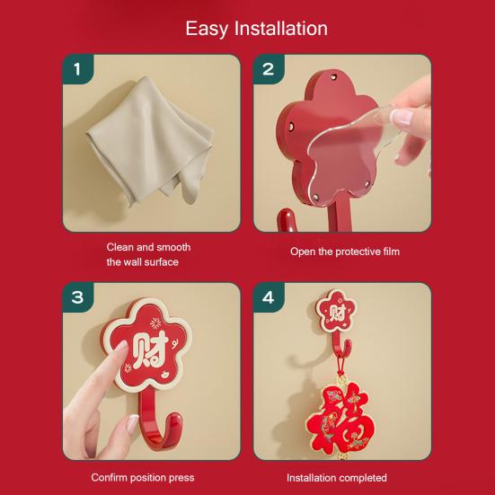 4Pcs Red Flower Adhesive Hooks Good Luck Bathroom Hooks Chinese Style Wall Hooks for Coats Hats Keys Kitchen Entryway