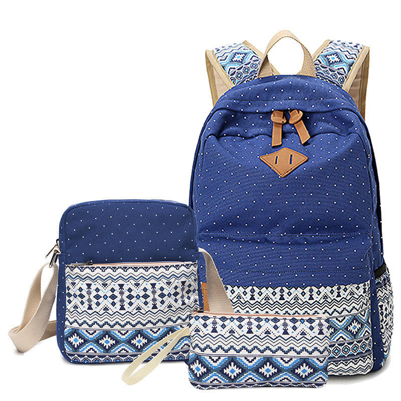 SUNBORLS Canvas Backpack Women's Bag Women's Ethnic Style Backpack Casual Student Schoolbag Diagonal Bag Pen Bag Three-piece Set