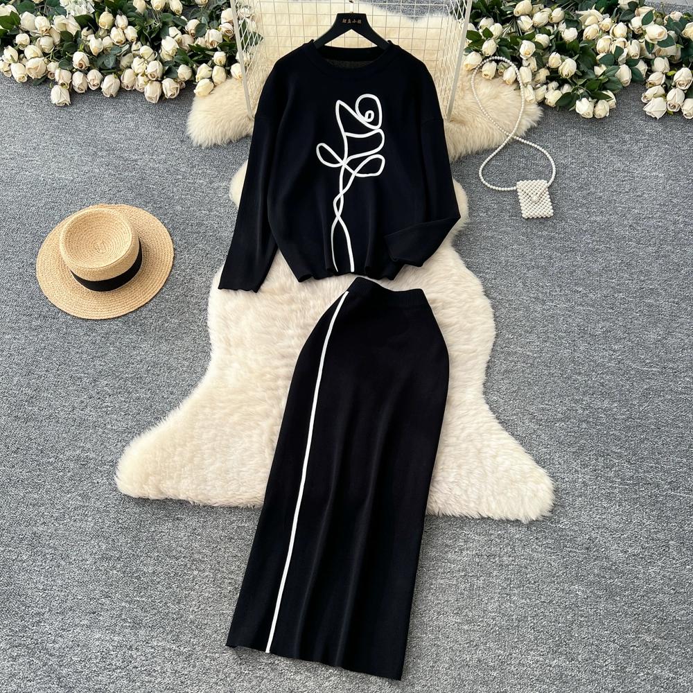 Autumn Winter Women Flower Knitted Sweater Two Piece Set Full Sleeve Pullover Top and Long Midi Slim Bodycon Sheath Skirt Outfits