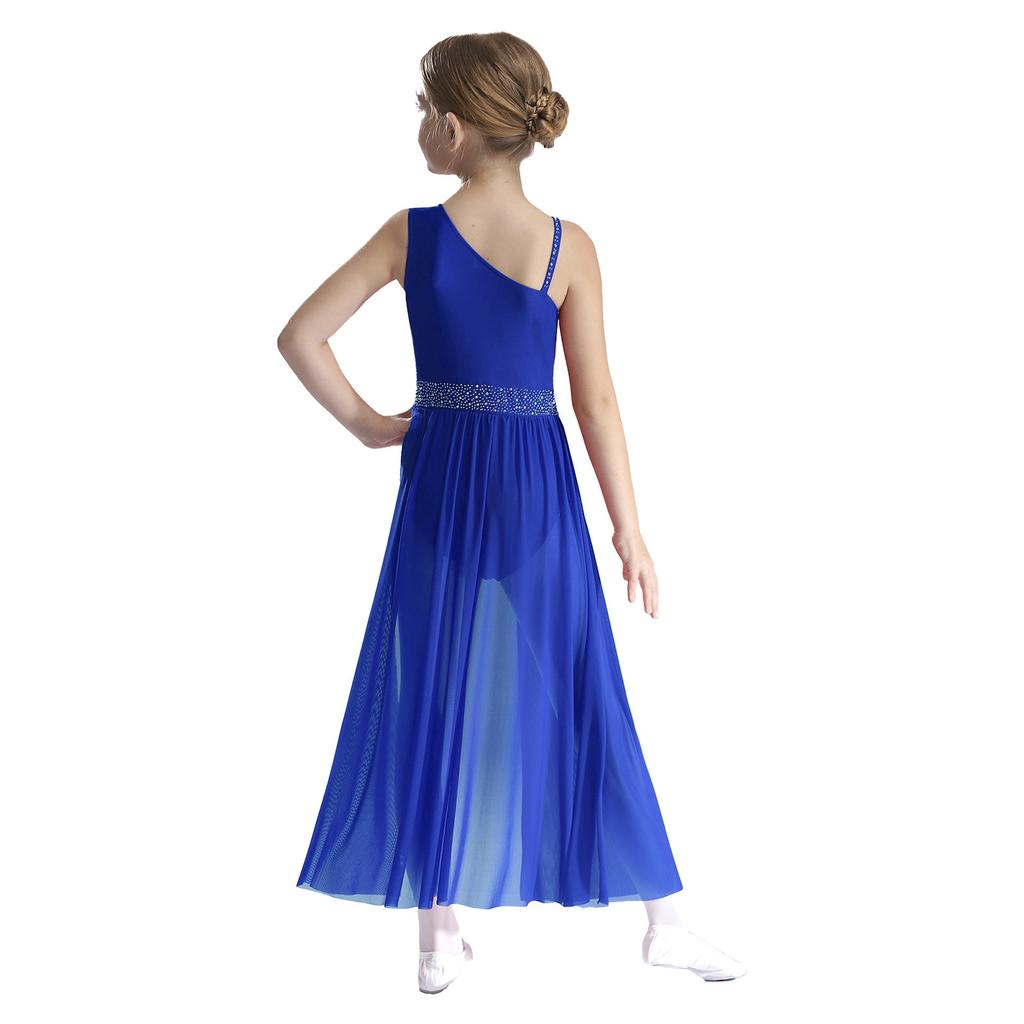Girls Glittery Lyrical Dance Costume Colorful Rhinestones Asymmetrical Shoulder Sleeveless Sheer Mesh Skirted Leotard
