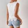 Summer New Fashion Casual Versatile Crew Neck Lace Hollow Sleeveless Backless Top Chic Elegant