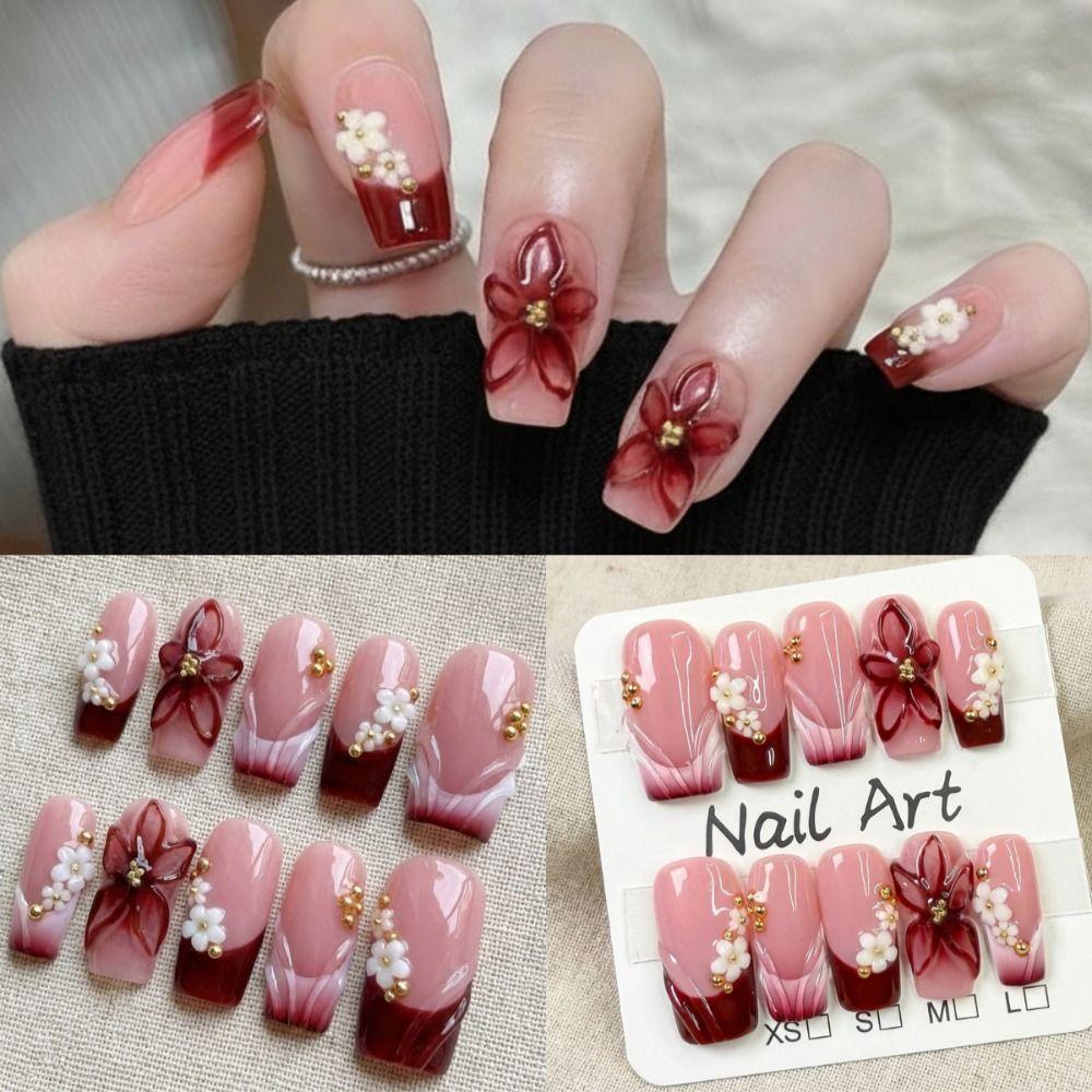10Pcs Pink Flower Designs False Nails Sweet Extended Nail Extensions Fake Nail Tips  Nail Tool