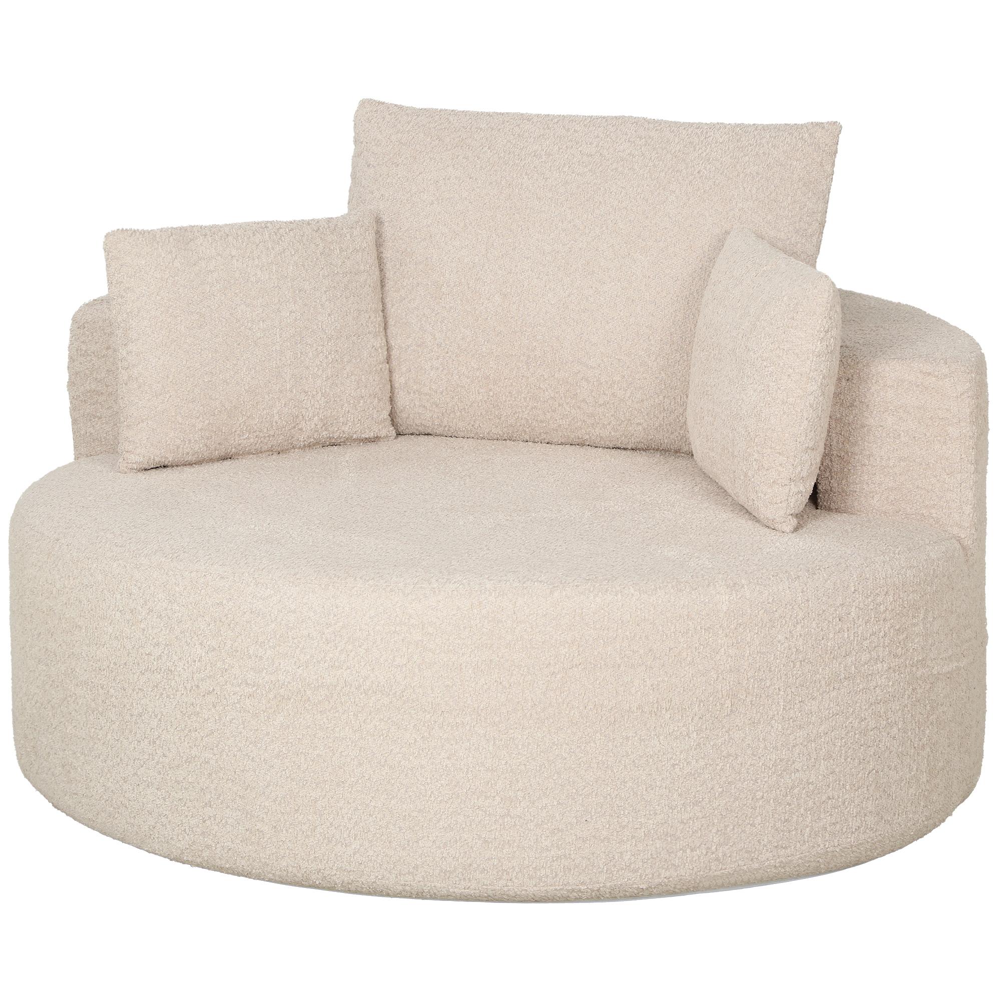 Pouf de canapé rond en chenille Grand siège 2 coussins 1 dossier 1 traversin Capacité de charge 250 kg 130x130x82cm Crème