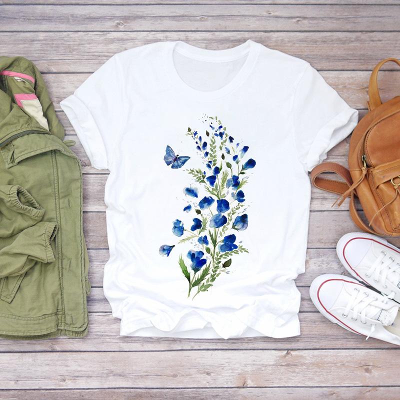 Summer Round Neck Floral Print Top Fashionable Casual Short Sleeved Women's Pure Cotton T-shirts