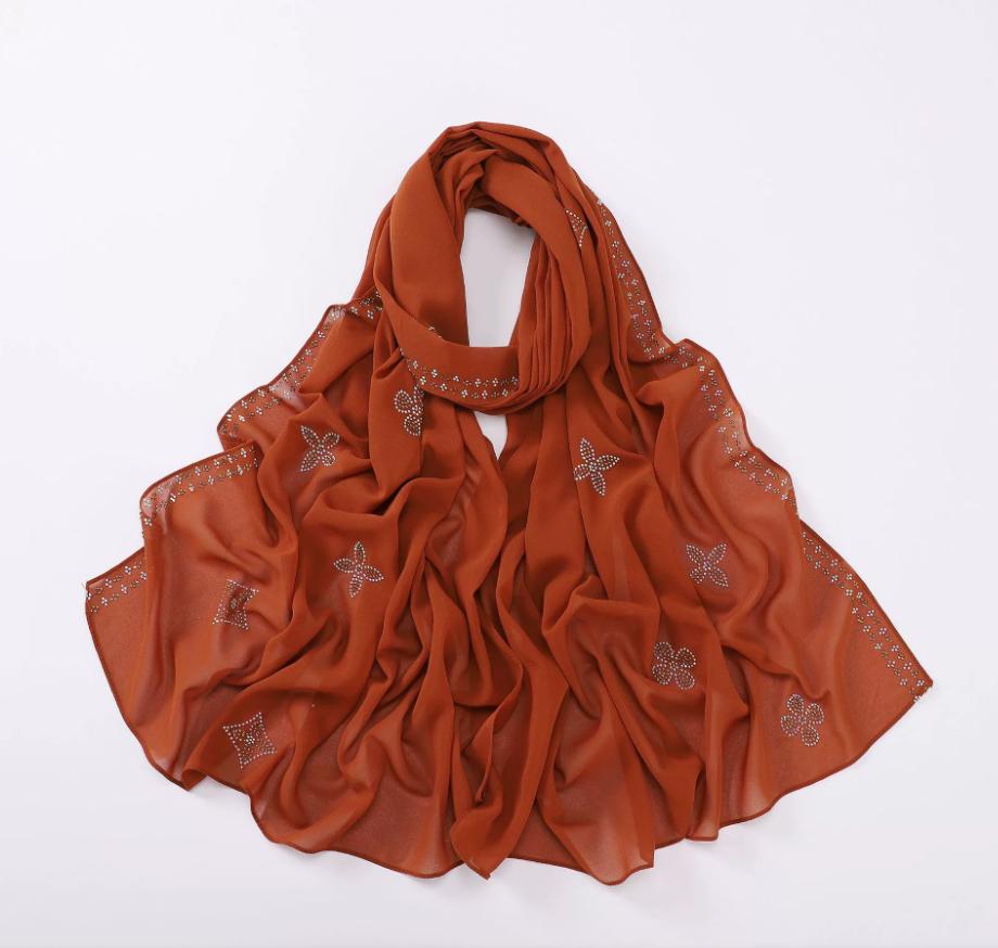 New Chiffon Hijab With Rhinestones Diamonds Scarf Shawls Solid Headscarf Wraps Ramadan Eid Hijabs Glitter Headband Turban