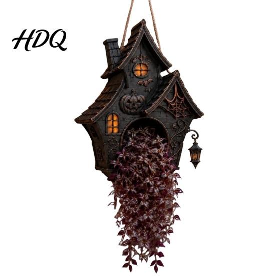 Fall Seasonal Plant Container Halloween Hanging Planter for Indoor Outdoor Use Gothic Bat Cat Witch Raven Unique Gift Lovers Pot Holder Spooky Wall