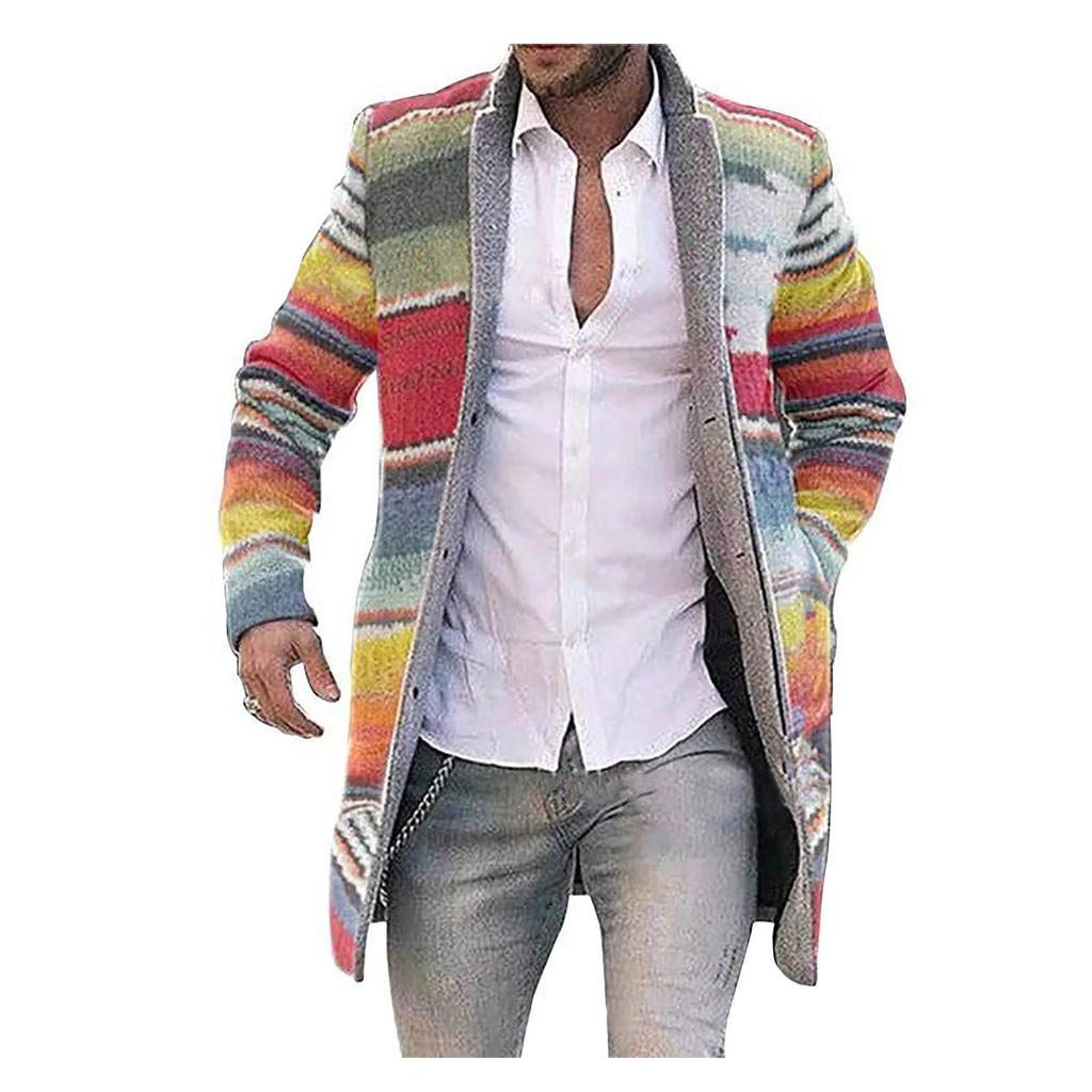 Men's Cardigan Coat Printed Wool Blends Casual Longsleeved Jacket Length Windbreaker Overcoat Trench