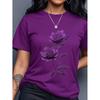 Damen lässiges T-Shirt mit Rosen-Schmetterlings-Print, Rundhalsausschnitt, kurzärmelig, Sommer