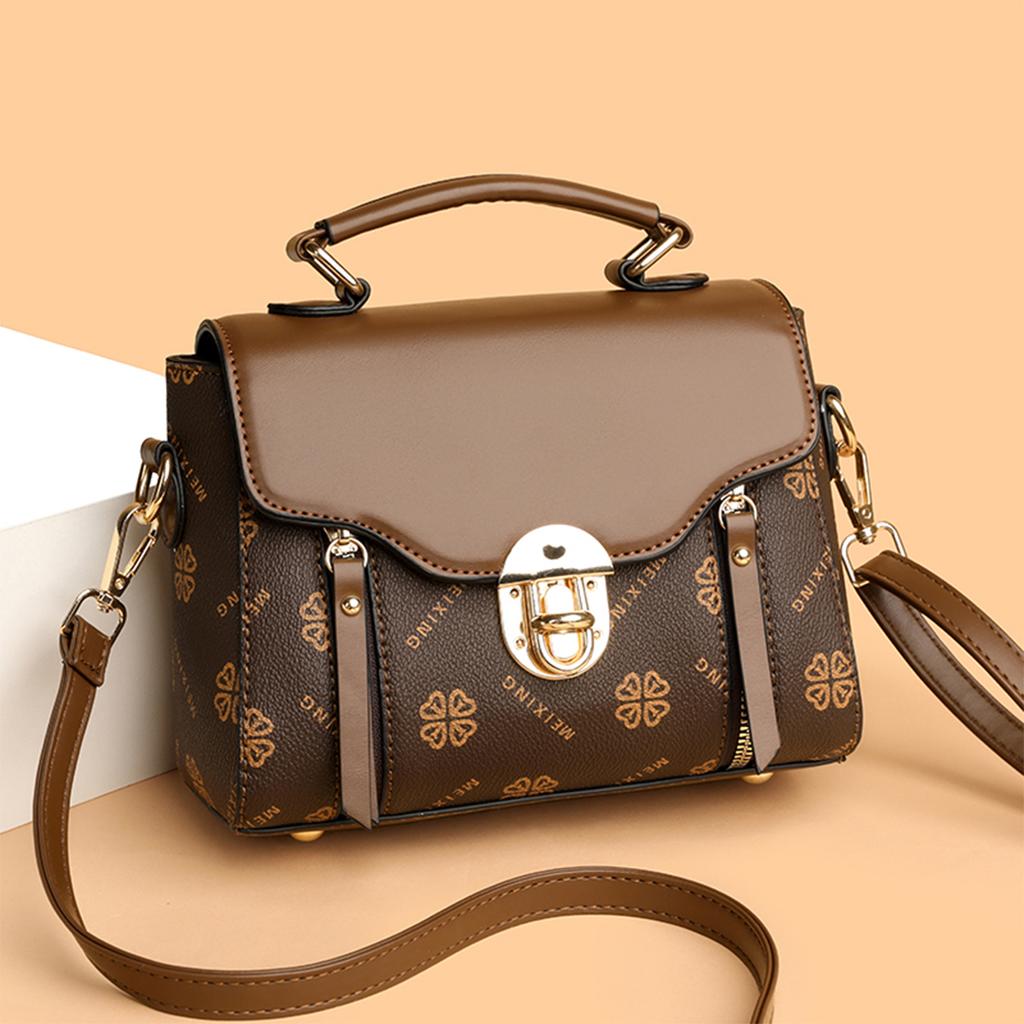 Women's Stylish Shoulder Bag Clover & Wave Print Lightweight PU with Detachable Strap Magnetic Snap Crossbody Bag For Daily Use