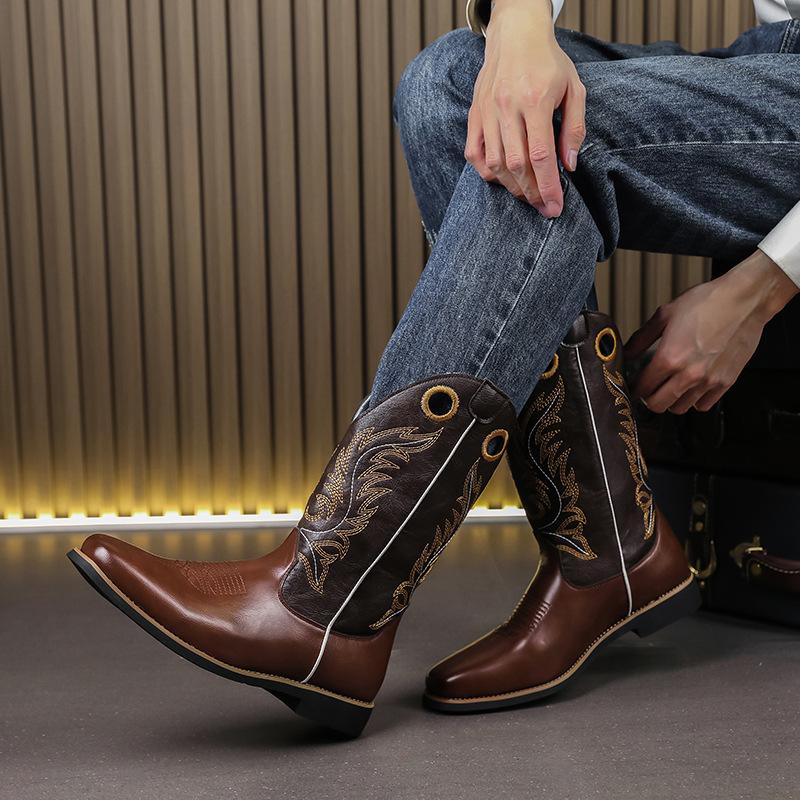 Embroidered V-neck Men's Western Cowboy Boots Outdoor Sports Men's Knight Boots Snow Boots for Daily Use