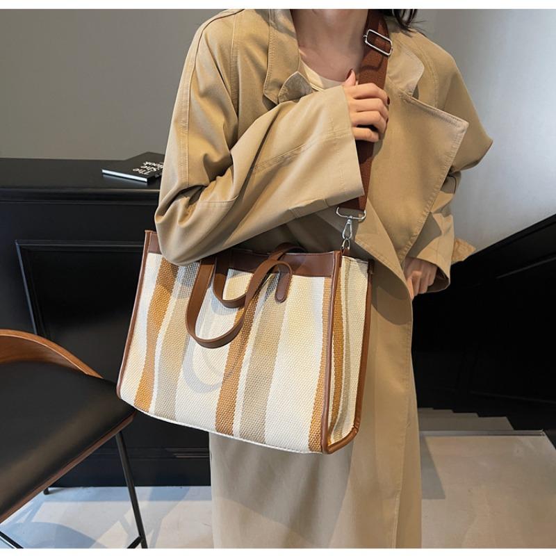 Canvas Bag Women's Large-capacity New Contrasting Color Shoulder Messenger Bag Class Bag Commuter Tote Bag