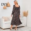 Women Dress Long Sleeves Flower Print A-line Square Neck Midi Casual Elastic Bust Backless Patchwork Hem Pleated Spring Fall Chiffon Outfit